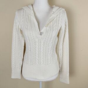 Fresh + Wear Cream Pullover Cable Knit Cropped Sweater with Hood Sz L
